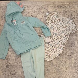 NWT 24 mo Girls Mint Green Dinosaur Hoodie and Printed Onesie and Pant Set